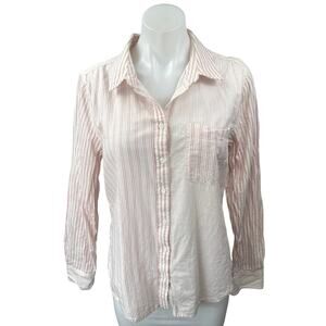 Lucky Brand Pink White Striped Pocket Long Sleeve Button Down Shirt Top Size S